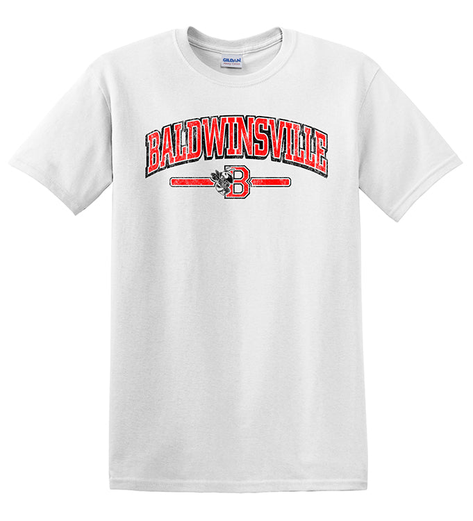 "Baldwinsville" Distressed Logo White T-Shirt